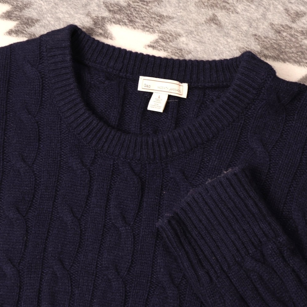 Vintage Y2K Gap Navy Blue Lambswool Blend Cable Knit Crewneck Sweater Mens Large